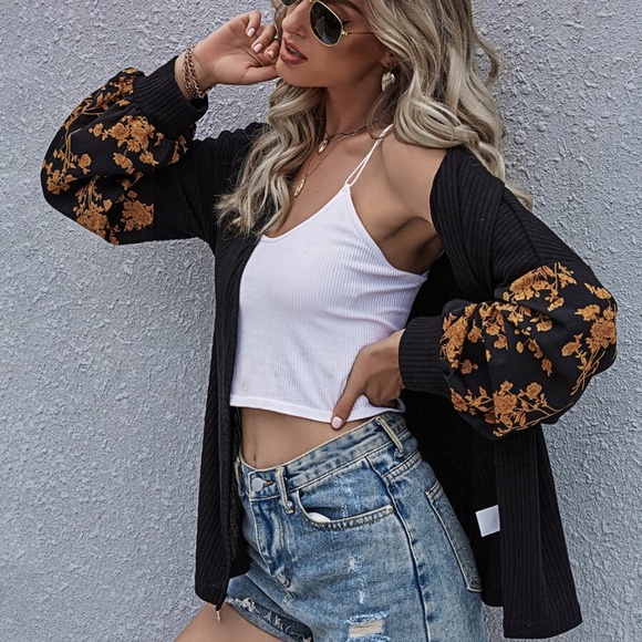 black floral print boho ribbed open front cardigan - Picture 5 of 7